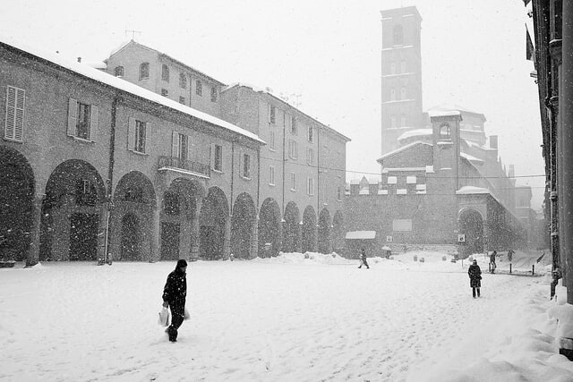 Piazza Verdi in Bologna covered in snow
