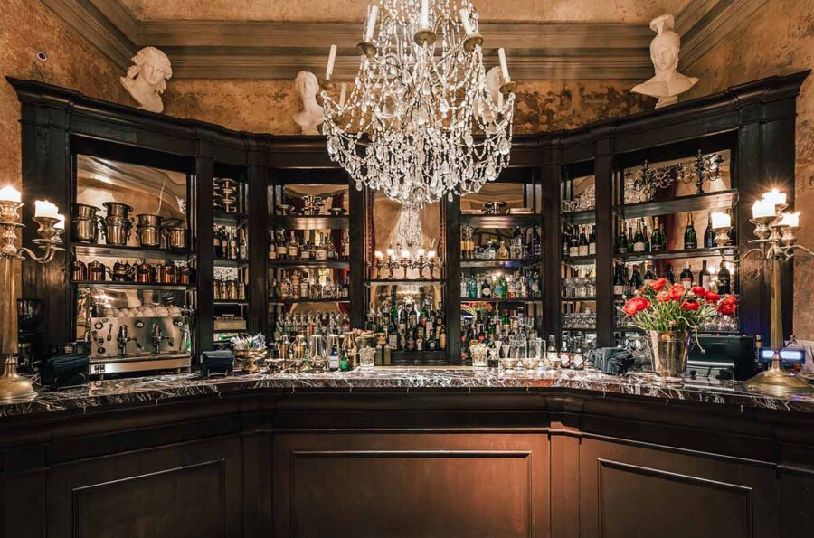 Historic interior of Camera con Vista bistrot cocktail bar in Bologna