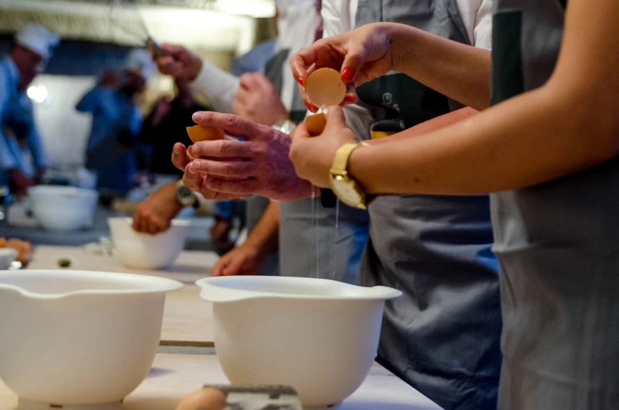 A pasta making cooking class in Bologna for a large group